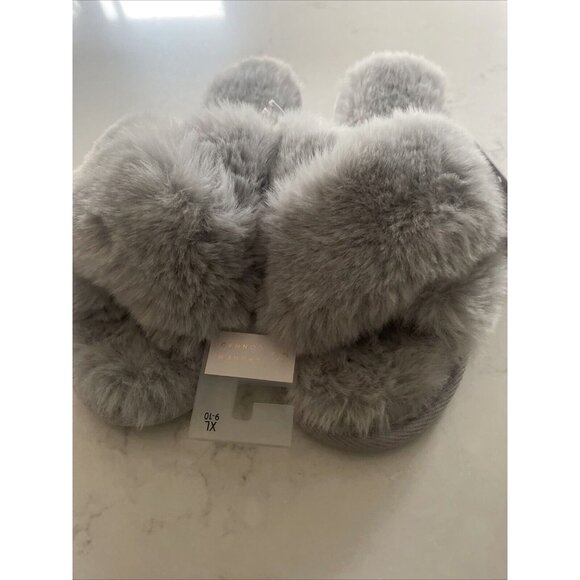 NWT Lauren‎ Conrad LC X Band Faux Fur Slide Slippers Gray Size XL 9/10 Cozy - Picture 2 of 6